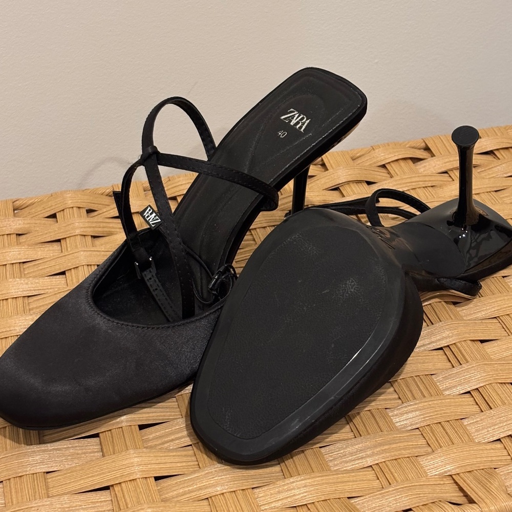 Zara Black Satin Ankle-Strap Heels – Size 9 (40) - Picture 3 of 6